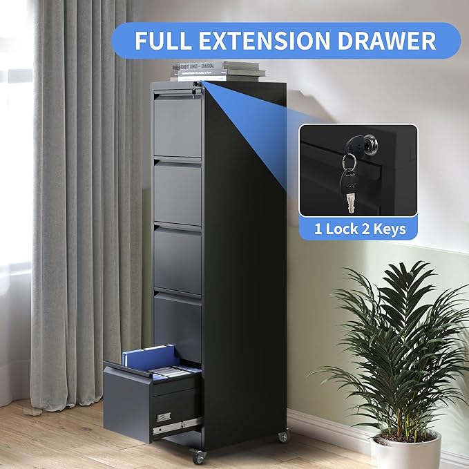 5 Drawer File Cabinet with Wheels Metal Mobile File Cabinet with Lock Rolling Filing Cabinet Home Office for Hanging File Folders Letter Size Legal Size A4 Size Require-Assembled Black
