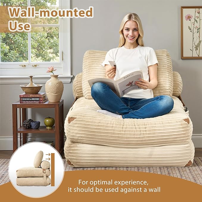 75'' Foldable Sofa Bed Convertible Sleeper Sofa with Pillow Boneless Corduroy Foldable Couch Bed Single Sleeper Chair for Small Spaces Living Room Bedroom StudioBeige