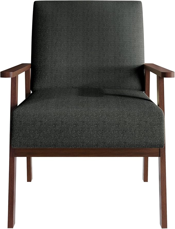 Mid-Century Modern Accent Chair Linen Upholstery Wooden Armrests Cushioned Seat Easy Assembly Charcoal Grey