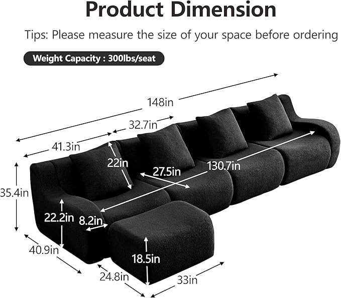 KEIKI 148 L-Shaped Oversized Teddy Modular Sectional Sofa with 1 Ottoman &amp High-Density Foam Cushions &amp Curved Armrest &amp 4 Pillows Streamlined Design Boneless 4-Seater Couch for Living