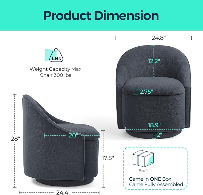 LINSY Swivel Accent Chair Set of 2 Comfy Chenille Barrel Chairs with Storage 360 Swivel Modern Armchair for Living Room Bedroom Small Boucle Reading Chair for Study Room (Grey)