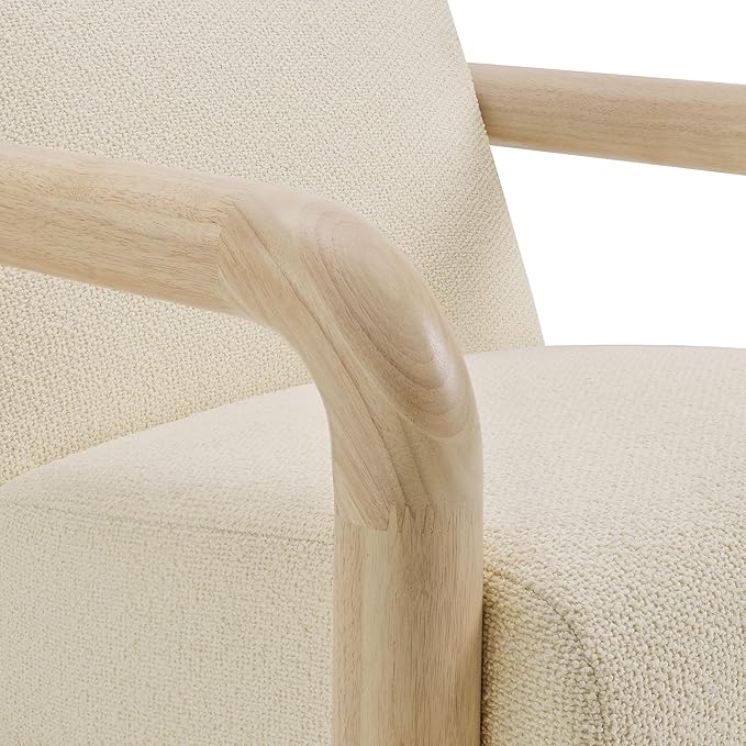 Modway Sereno Modern Boucle Fabric Accent Chair in Cream Oak with Rounded Wood Armrests – Upholstered Lounge Chair for Living Room or Bedroom