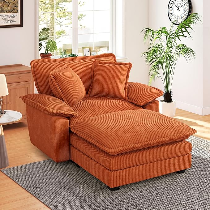 48 W Oversized Chaise Lounge Chair Indoor with Ottoman Upholstered Cloud Accent Chair with Extra Wide Armrests Comfy Green Corduroy Sleeper Chair for Living Room Bedroom Reading (Orange)