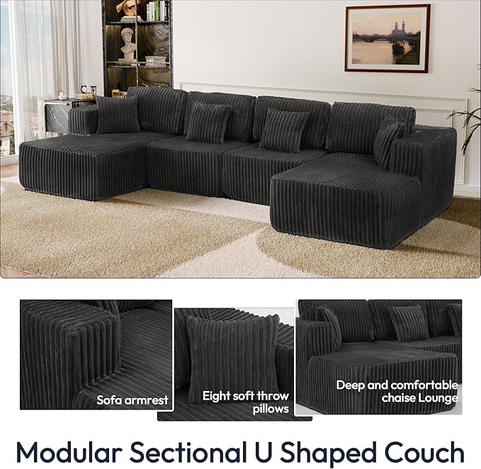 132 U Shaped Couch Modular Sectional Sofa with Chaise Corduroy U Shaped Boneless Couch with Deep Seat Upholstered Modular Cloud Sofa for Living Room No Assembly Required Grey