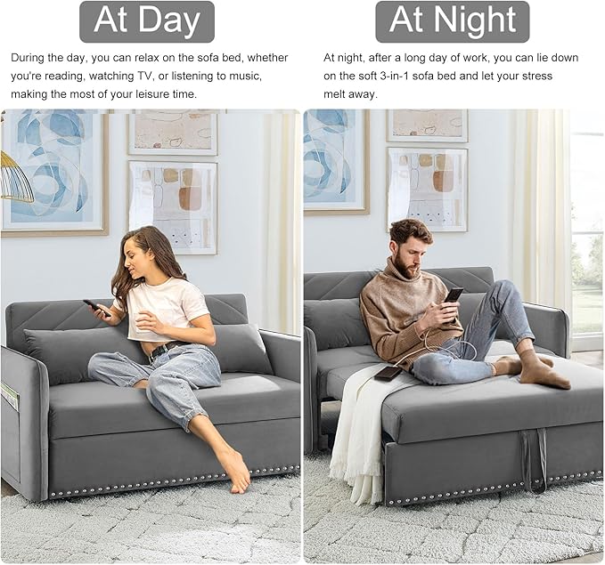 3 in 1 Convertible Sleeper Futon Sofa Bed 55 Velvet Small Loveseat Lounge Couches with 2 Pillows Reclining Backrest USB Ports &amp Side Pockets for Living Room Pull-Out Couch Light Grey