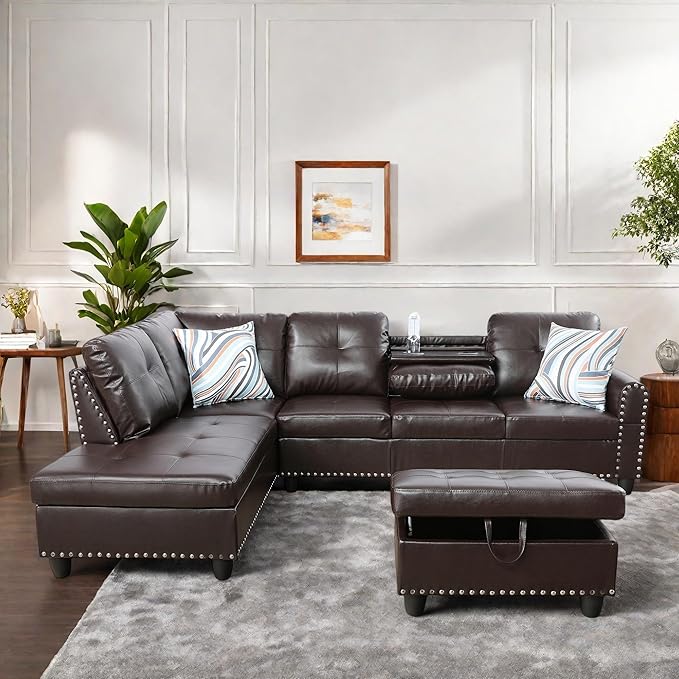 L Shaped Sectional Sofa with Ottoman Leather Modern Couches Nail-Head Design with Cup Holder for Living RoomOffice Bedroom Brown