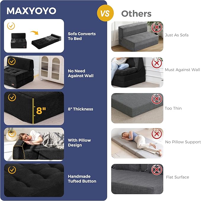 MAXYOYO 8 Folding Sofa Bed Convertible Sleeper Sofa Lounger Foldable Mattress Wedge Shape Floor Couch Tufted Fold Out Chair Bed Comfy Floor Couch Lounge for Living Room Bedroom Single Black