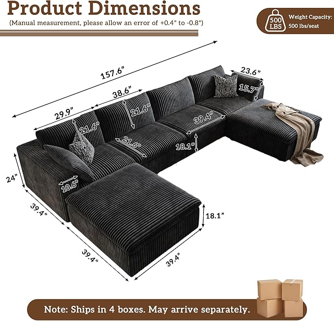 157.6 Cloud Couch Oversized Modular Sectional Sofa Boneless U-Shaped 6 Seater Deep Seat Couch with Ottoman Soft Corduroy Upholstery DIY Combination for Living Room No Assembly Required Black