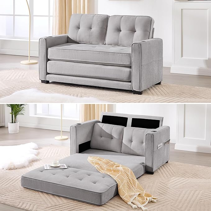 Convertible Sofa Bed Pull Out Loveseat Sleeper CouchLinen Fabric 2 in 1 Folding Couch Bed Fold Out Floor Futon Couches with Cup Holder for Living Room BedroomSmall Space Light Grey