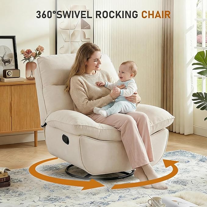 Furnimart Swivel Oversized Recliner Chair Extra Wide Manual Recliner Chair for Adults Nursery Glider Rocking Chair Comfy Reading Chair with Side Storage for Living Room Bedroom Chenille Beige