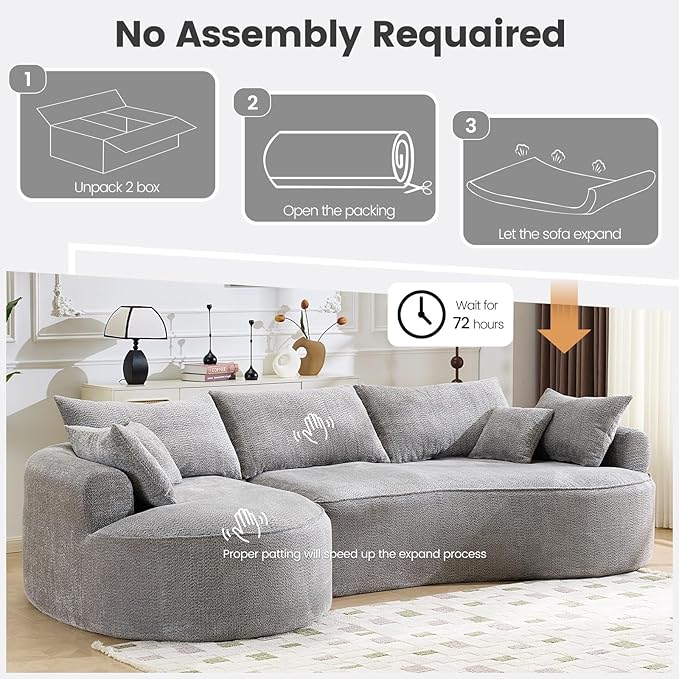 126” Oversized Curved Sectional Sofa L Shaped Chenille Boneless Couch with Deep Seat &amp 7 Pillows for Living Room Bedroom No Assembly Required (Grey)