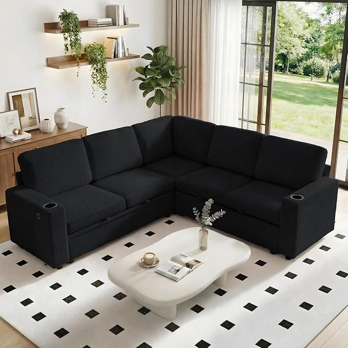 Sectional Sleeper Sofa with Pull Out Bed Plush Corduroy L Shaped Corner Couch with Storage USB Ports Cup Holders Comfy Sectional Couches for Living Room Black | Modular Couch for Apartment Tool