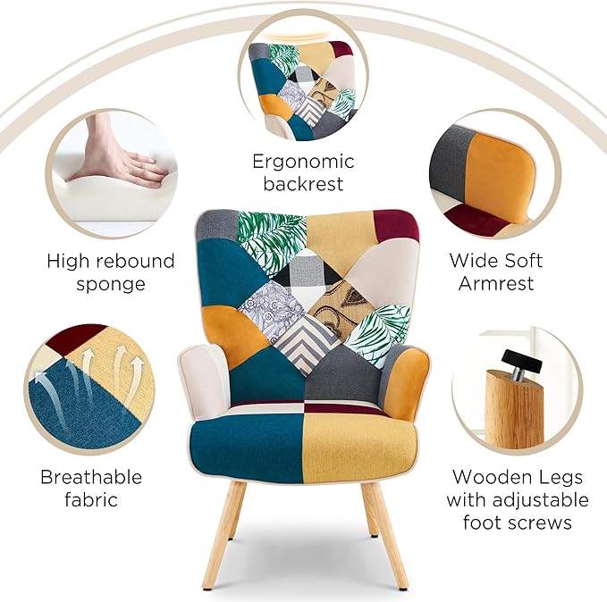 Accent Chair Living Room Chair Modern High Back Armchair Colorful Patchwork Reading Chairs for Bedroom Lounge Chair with Linen Fabric Shell and Solid Wood Feets (1 Colorful)