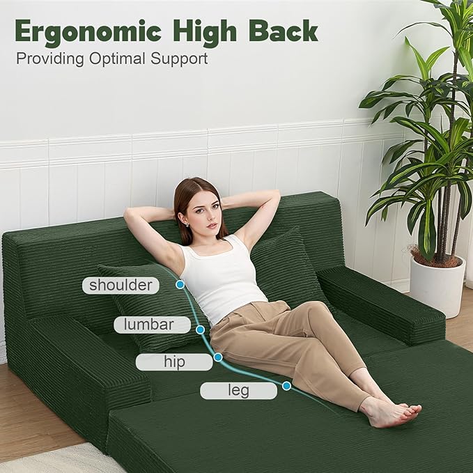 MeMoreCool Boneless Loveseat Sofa Bed – Dark Green Corduroy Convertible Futon Couch Foldable Floor Sleeper with Foam &amp Pillow Washable Cover for Bedroom Apartment Small Living Room