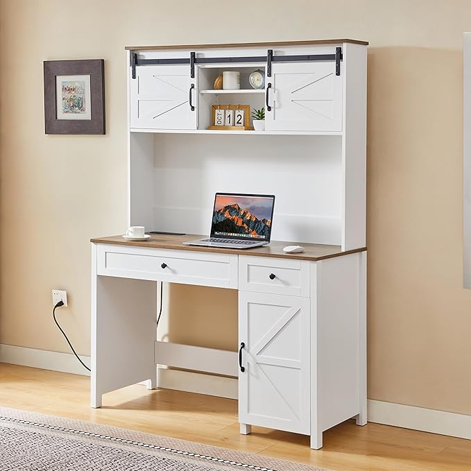 47 Farmhouse Executive Desk with Drawers Wood Home Office Desk wCharging Station File Drawer Storage Cabinet Rustic Computer Writing Desk (Antique White)