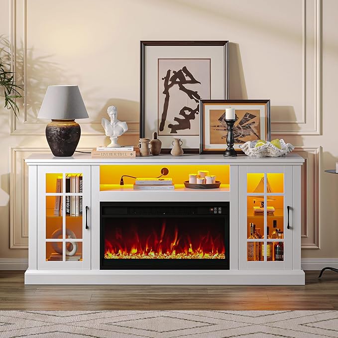 Rolanstar Fireplace TV Stand with Led and Power Outlets White Entertainment Center with 26 Electric Fireplace for 45/50/55/60/65 inch TVs Modern TV Console with Storage Cabinet for Living Room