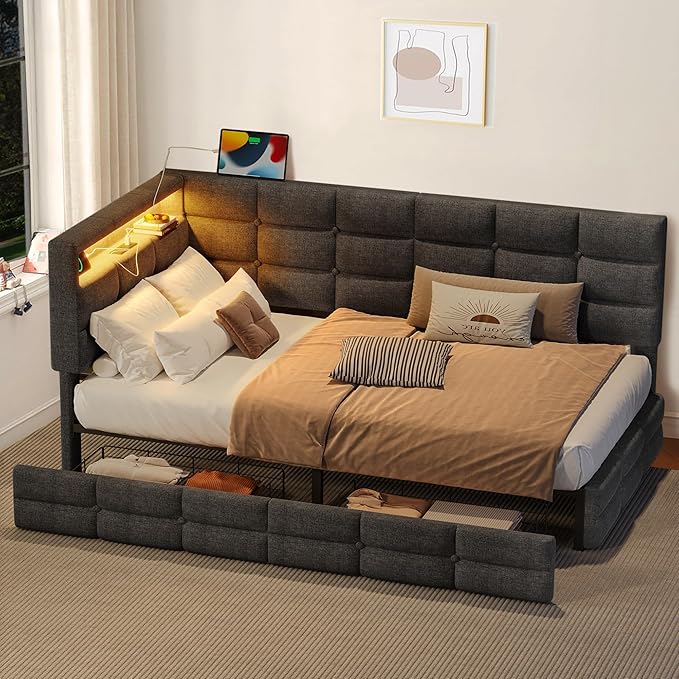 Twin Corner Bed Frame with Storage and Led Lights Upholstered Daybed Twin Size with Storage Drawers and Charging Station for Living RoomBedroom (Gray)
