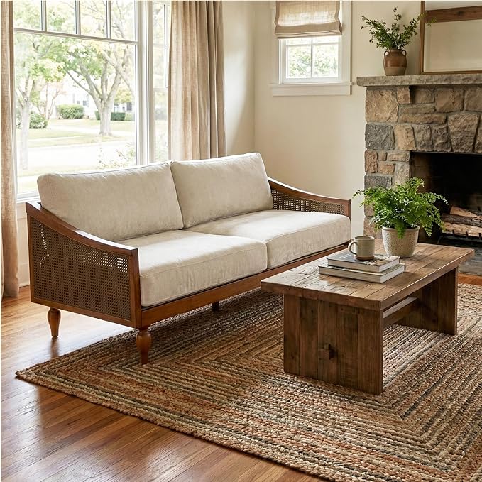 Christopher Knight Home Harper Mid-Century Loveseat Sofa Couch 2-Seater Lounge Sofa with Rattan Armrests and Wooden Legs Chenille Upholstered Couches for Living Room and Small Space Walnut