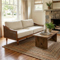 Christopher Knight Home Harper Mid-Century Loveseat Sofa Couch 2-Seater Lounge Sofa with Rattan Armrests and Wooden Legs Chenille Upholstered Couches for Living Room and Small Space Walnut