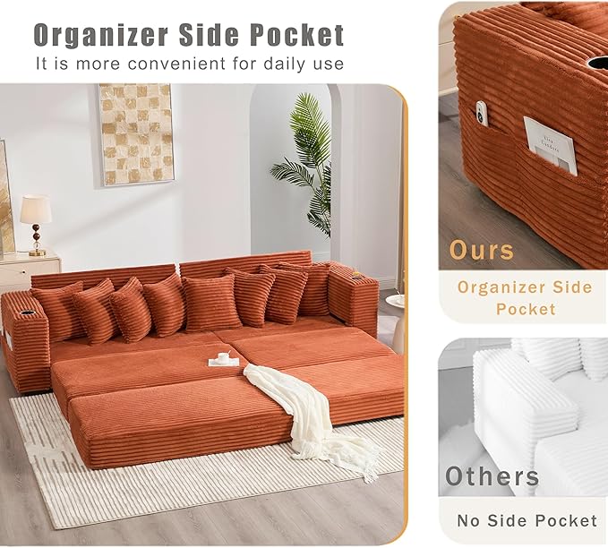 Oversized L-Shaped Modular Sectional Sofa Couch with 8 Pillows Convertible Corduroy Sleeper Sofa Bed with Cupholders &amp Storage Pockets Cloud Couch with Movable Ottoman for Living Room Orange