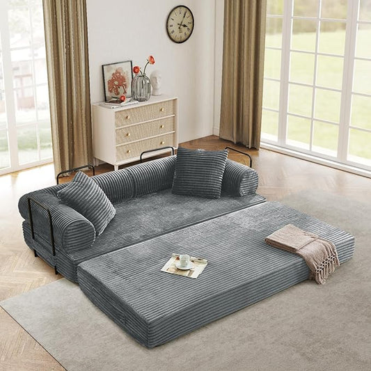 Antetek Modular Couch Bed Convertible Folding Plush Corduroy Comfy Floor Compression Loveseat Sleeper Sofa Couch King Size Bed for Guest Room Living Room Bedroom No Assembly Required Light Grey