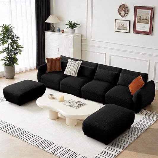 U Shaped Cloud Sectional Convertible L Shaped Couch with Removable OttomansModular Cloud Couch Sectional for Living Room (4 Set + 2 Ottomans - Black)