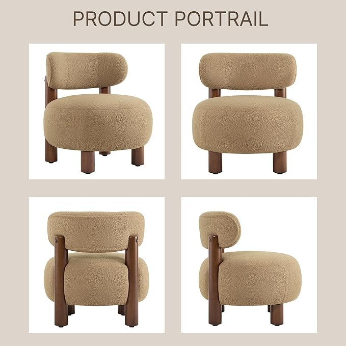 Modern Boucle Accent Chair Set of 2 with Plush Faux Sherpa Upholstery Curved Backrest Solid Wood Legs for Living Room Bedroom Reading Nook 27.5 Camel