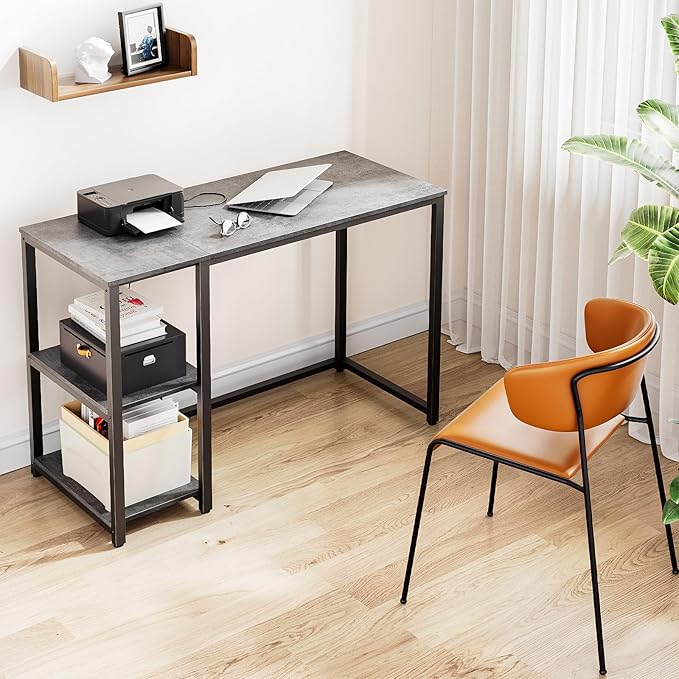 SINPAID Computer Desk 40 inches with 2-Tier Shelves Sturdy Grey Desks with Large Storage Space Modern Gaming Desk Study Writing Laptop Table Gray