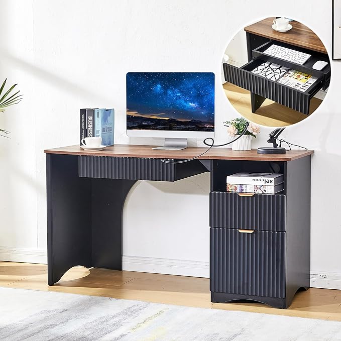 55 Computer Desk with Keyboard Tray Modern Office Desk with Power Outlets 2-in-1 Main Drawer &amp Adjustable File Drawer Fluted Design Home Office Desk (Walnut with Black)