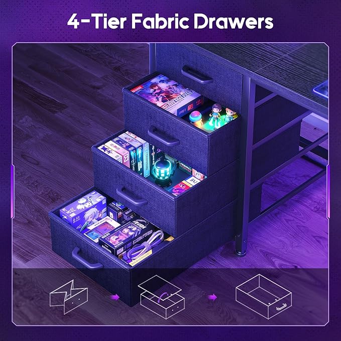AODK 71 L Shaped Gaming Desk with Hutch Pegboard &amp Shelves L Shaped Desk with 4 Drawers Integrated LED Light Strip &amp Power Outlets Reversible PC Gaming Computer Desk Black