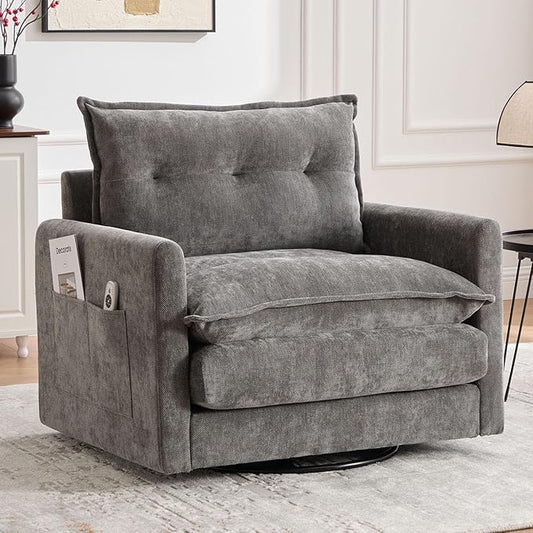 Swivel Accent Chairs for Living Room 36.2 Comfy Swivel Chair with Solid Metal Base Single Sofa with Pillows &amp Side Pockets (Gray)