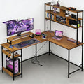 DEVAISE L Shaped Gaming Desk with Hutch Reversible Computer Desk with LED Light 3-Tier Shelves 2 AC+2 USB Outlet and Monitor Stand Corner Desk with Storage for Home Office (Rustic Brown 60 Inch)