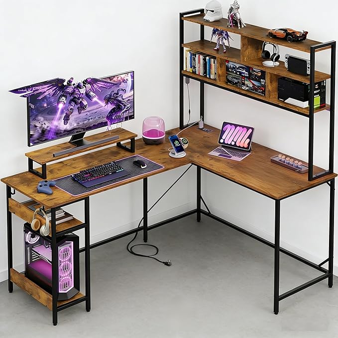 DEVAISE L Shaped Gaming Desk with Hutch Reversible Computer Desk with LED Light 3-Tier Shelves 2 AC+2 USB Outlet and Monitor Stand Corner Desk with Storage for Home Office (Rustic Brown 60 Inch)