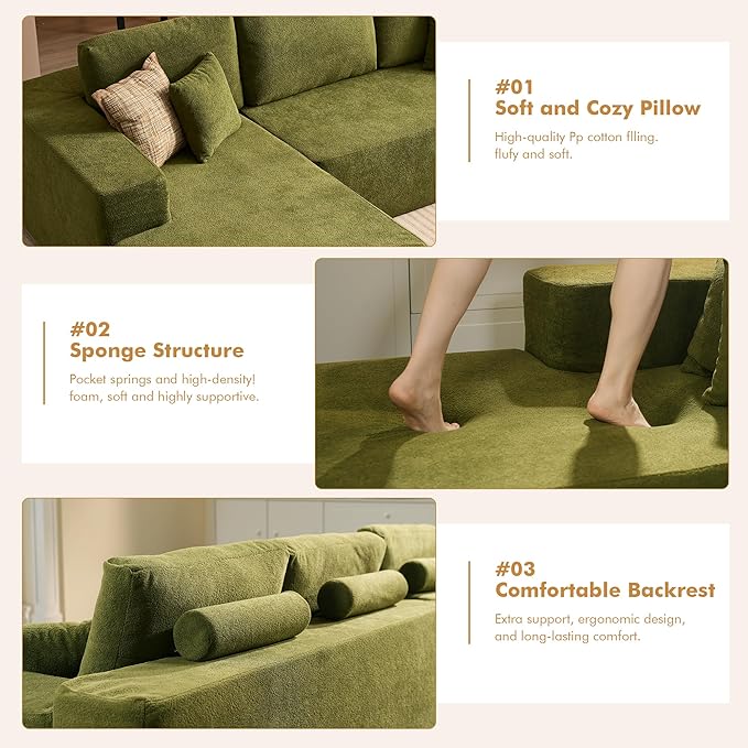 104 L-Shape Modular Sectional Sofa CouchComfy Upholstered Cloud Couch for Living RoomModern Minimalist CouchesDeep SeatNo Assembly Required (GreenCloud Velvet Left Facing Chaise w/Ottoman)