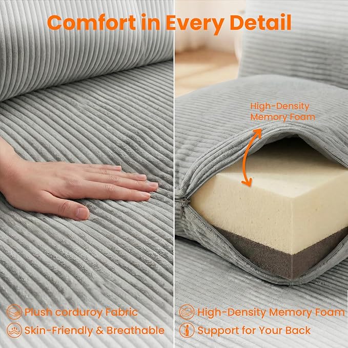 CECER 43.5 Twin Size Pull Out Sofa BedCorduroy Pull Out Couch with Tri-fold Mattress3-in-1 Convertible Sleeper Sofa with Pillows for Small Space/Bedroom/Apartment（Light Grey）
