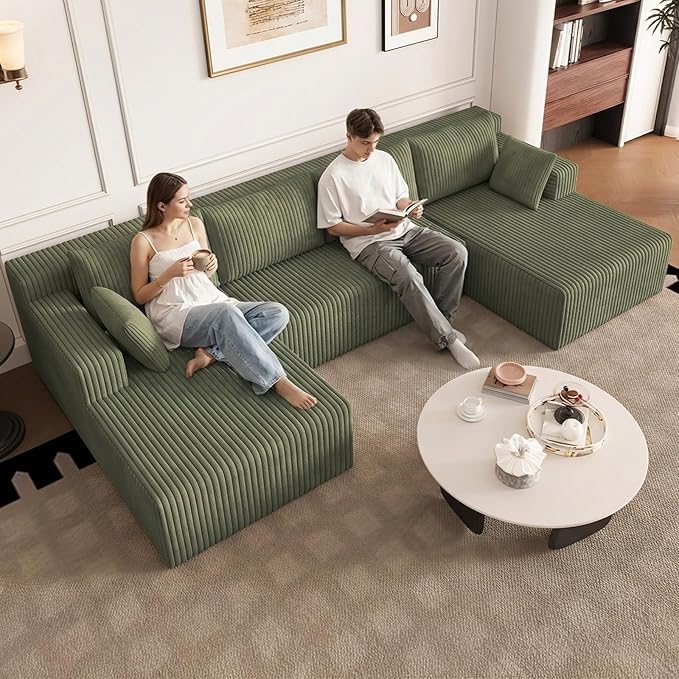124 U-Shape Cloud Couch Modern Modular Sectional U-Shape Sofa Corduroy Boneless Couch Upholstered Couches Deep Seat Sleeper Chaise Longue for Living Room No Assembly RequiredGreen