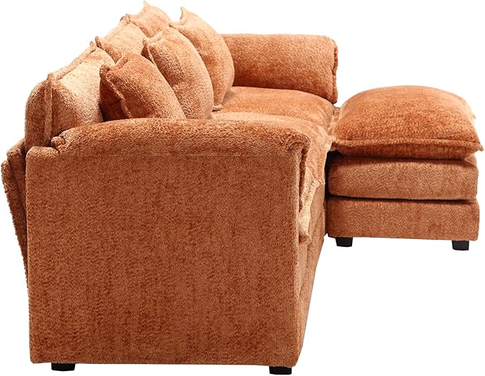 kevinplus 112'' Sectional Sofa Couch with Convertible Ottoman for Living Room Modern Contemporary 3-Seat L-Shape Sofa Couch for Apartment Home Office Thick Cushion &amp Boucle Fabric Orange