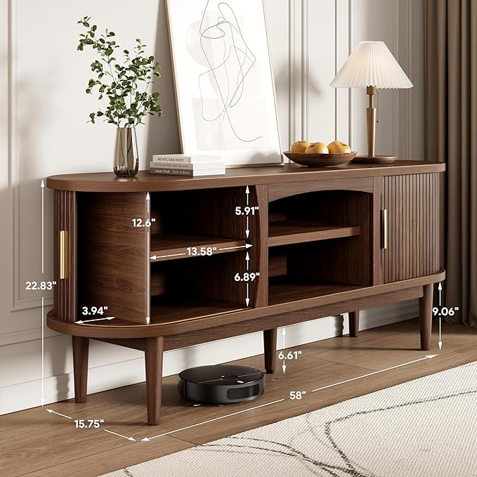 Mid Century TV Stand for TVs up to 65 Inches Entertainment Center with Storage Power Outlet Fluted Sliding Doors &amp Adjustable Shelves Modern Media TV Console Table for Living Room (Walnut)