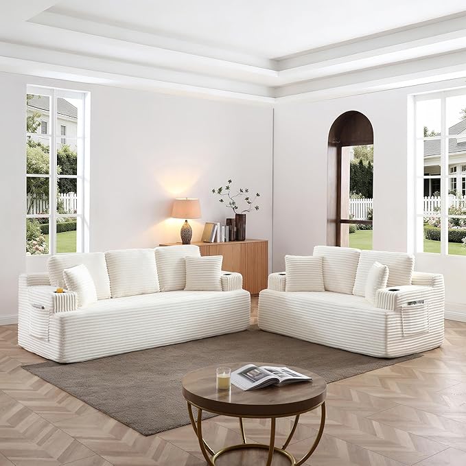 86 Small Cloud Loveseat Sofa in a Box Comfy Corduroy 2-Seater Boneless Couch Modern Deep Seat Sofa for Small Spaces Living Room &amp Apartment No Assembly Required (Beige 86 inch) | Memory Foam