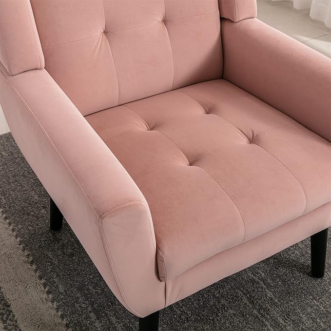SSLine Velvet Accent Arm ChairMid-Century Modern Upholstered Wingback Single Sofa Armchair Club Chair with Solid Wood Legs Thick Cushion for BedroomReadingLiving Room Chair (Pink)