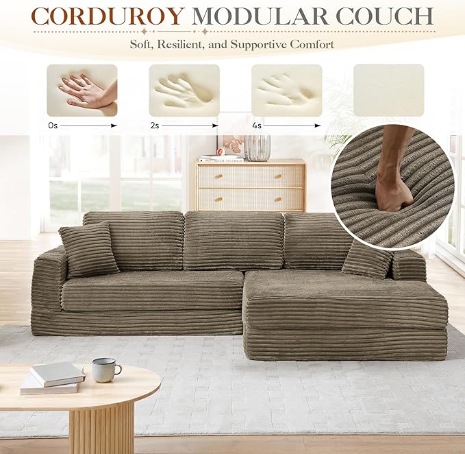 112.6 Oversized Fold Out Couch Bed King 3 in 1 Convertible Modern L Shape Cloud Modular Sectional Comfy Boneless Foam Couch Futon for Living Room No Assembly(Brown CorduroyRight Facing Chaise)