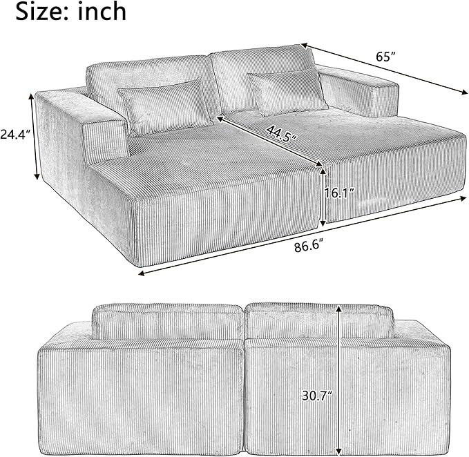 86-Inch Fluffy Corduroy Boneless Sleeper Daybed Loveseat Double Recliner Chaise Lounge Sofa Couches Floor Cloud Sofa Chaise W/4 Pillows for Home Apartment Living Room