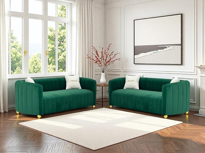 Modern Velvet Loveseat Sofa Couch for Living Room 84 Comfy Upholstered 3 Seater Sofa Couch with Gold Metal Legs &amp 2 Pillows Luxury Sectional Sofa for Bedroom Office Apartment (Green 3 Seaters)