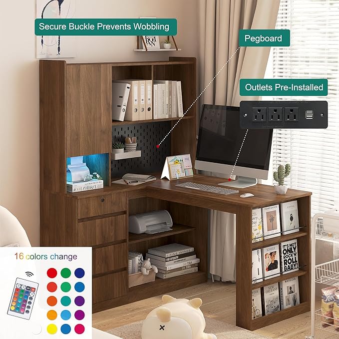 46 L Shaped Computer Desk with Hutch &amp Bookshelf Corner Office Desk Students Writing Table w/ 4 Drawers &amp Power Outlet Gaming Computer Desk with LED Light for Home (Wood1)