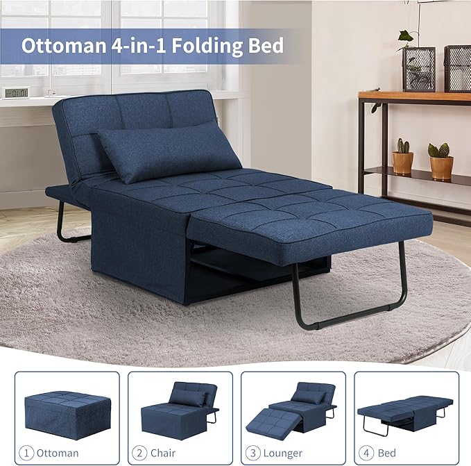 Ainfox Convertible Sofa Bed4-in-1 Multi-Functional Futon Chair Bed Folding &amp No Installation Sofa Couch with Adjustable Backrest Recliner for Living Room Small Spaces and Office(Dark Blue)