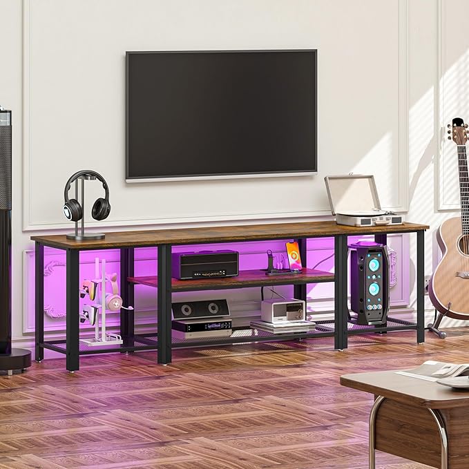 WelFurGeer Industrial Metal TV Stands with RGB LED Lights &amp Built-in Power Outlets - Modern TV Entertainment Center for Living Room Open Grid Design TV Console with Storage (Brown)