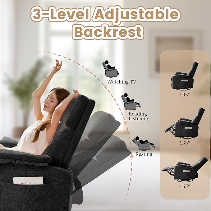 Swivel Rocking Recliner with Massage Small Glider Chair for Nursery Modern-Designed Armrests Chair for Adults Living Room Chenille Black