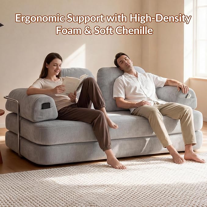 Floor Sofa Modern Chenille Modular Couch with Large Ergonomic Backrest Non-Slip Sleeper for Small Apartment &amp Compact Space No Assembly Required (Pebble Gray 82'')