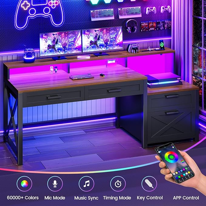 SEDETA Farmhouse Home Office Desk with File Drawer &amp Power Outlet Computer Desk with 4 Drawer Storage Shelves Printer Cabinet and Monitor Shelf Gaming Desk with Led Lights Black Brown