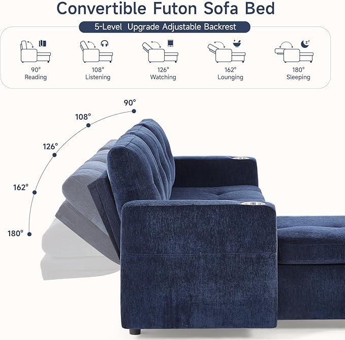 ONBRILL Sleeper SofaPull Out Couch Bed with Storage ChaiseL Shaped Cloud Couch with Adjustable BackrestSectional Couches for Living RoomApartmentTool-Free Assembly ChenilleBlue